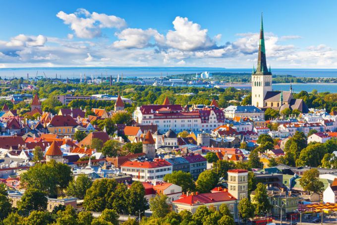 Scenic summer aerial panorama of the Old Town in Tallinn, Estonia