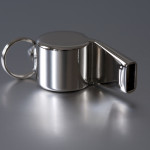 Stainless steel whistle on a silver background.