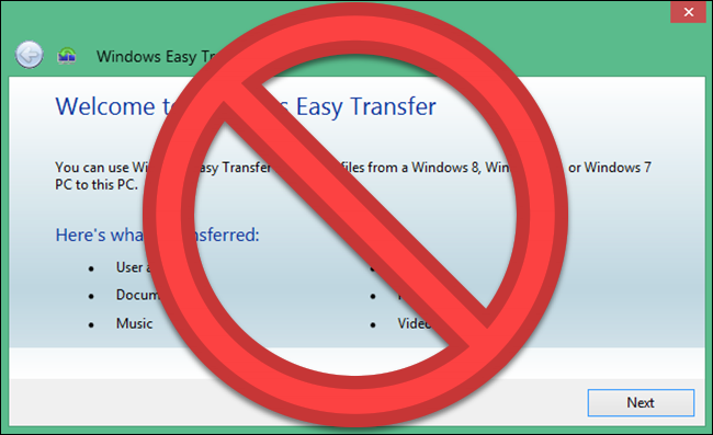 Windows Easy transfer program with "NO" symbol over it.