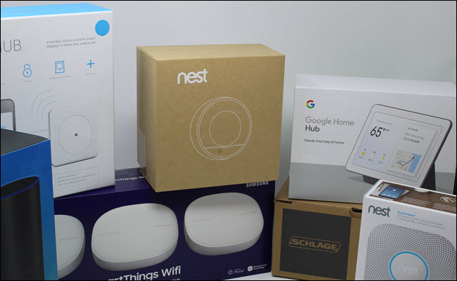 Wink, nest, echo, Google home, schlage, and smartthings boxes.