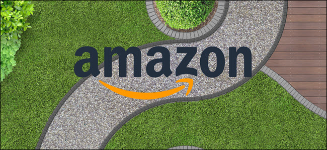 An overhead shot of a winding sidewalk with the Amazon Logo on top.