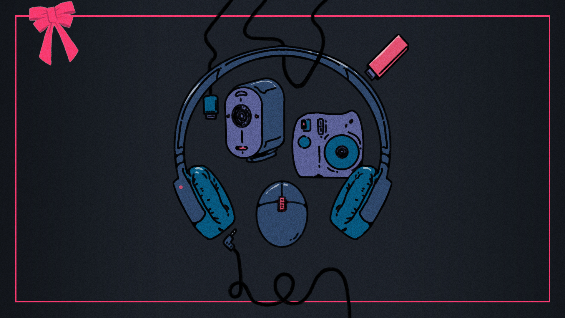 an illustration of several tech products (including headphone, a mouse, a escurity camera, and an instant camera) surrounded by a red bow