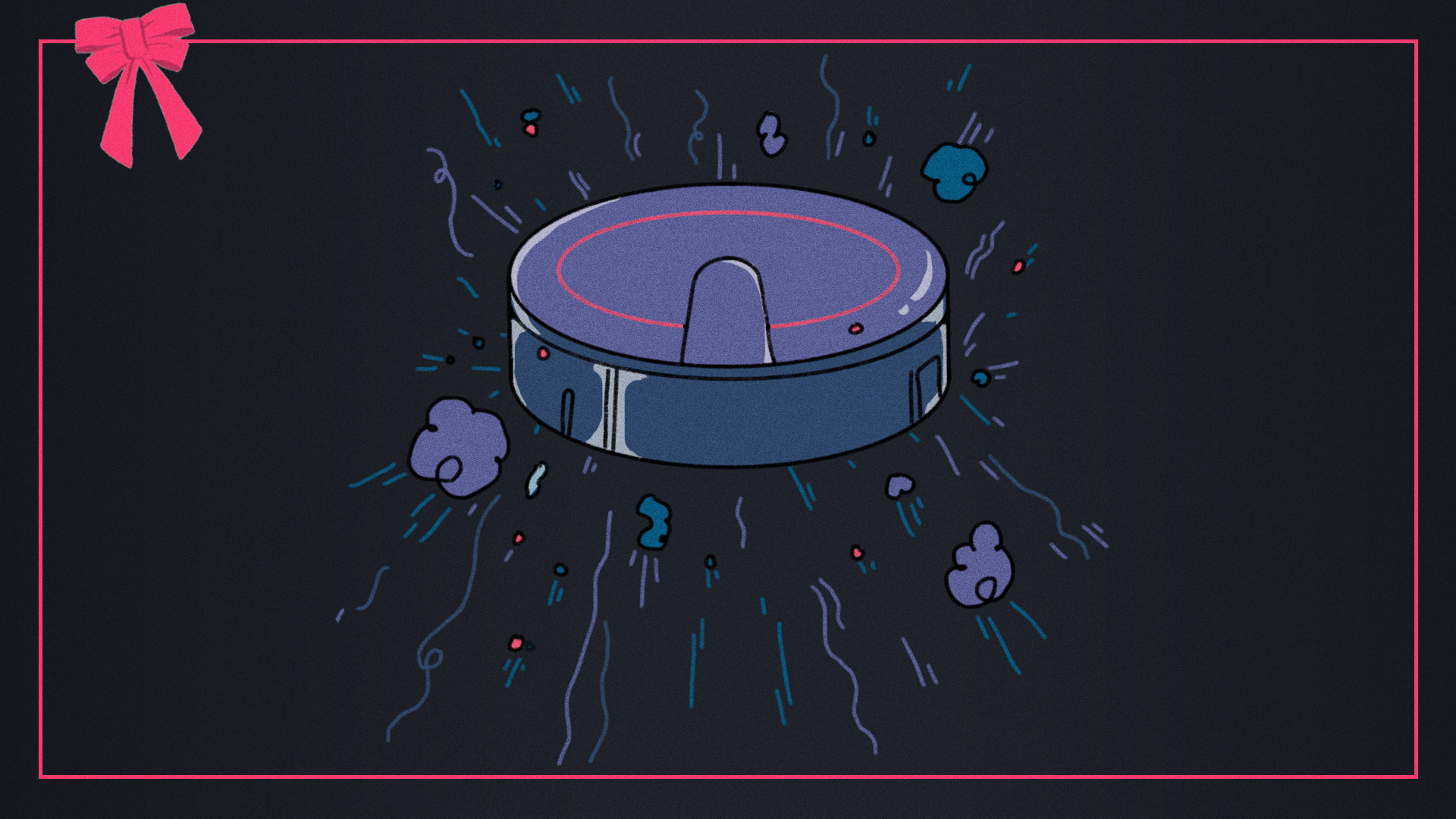 an illustration of a purple and blue robot vacuum surrounded by a red bow