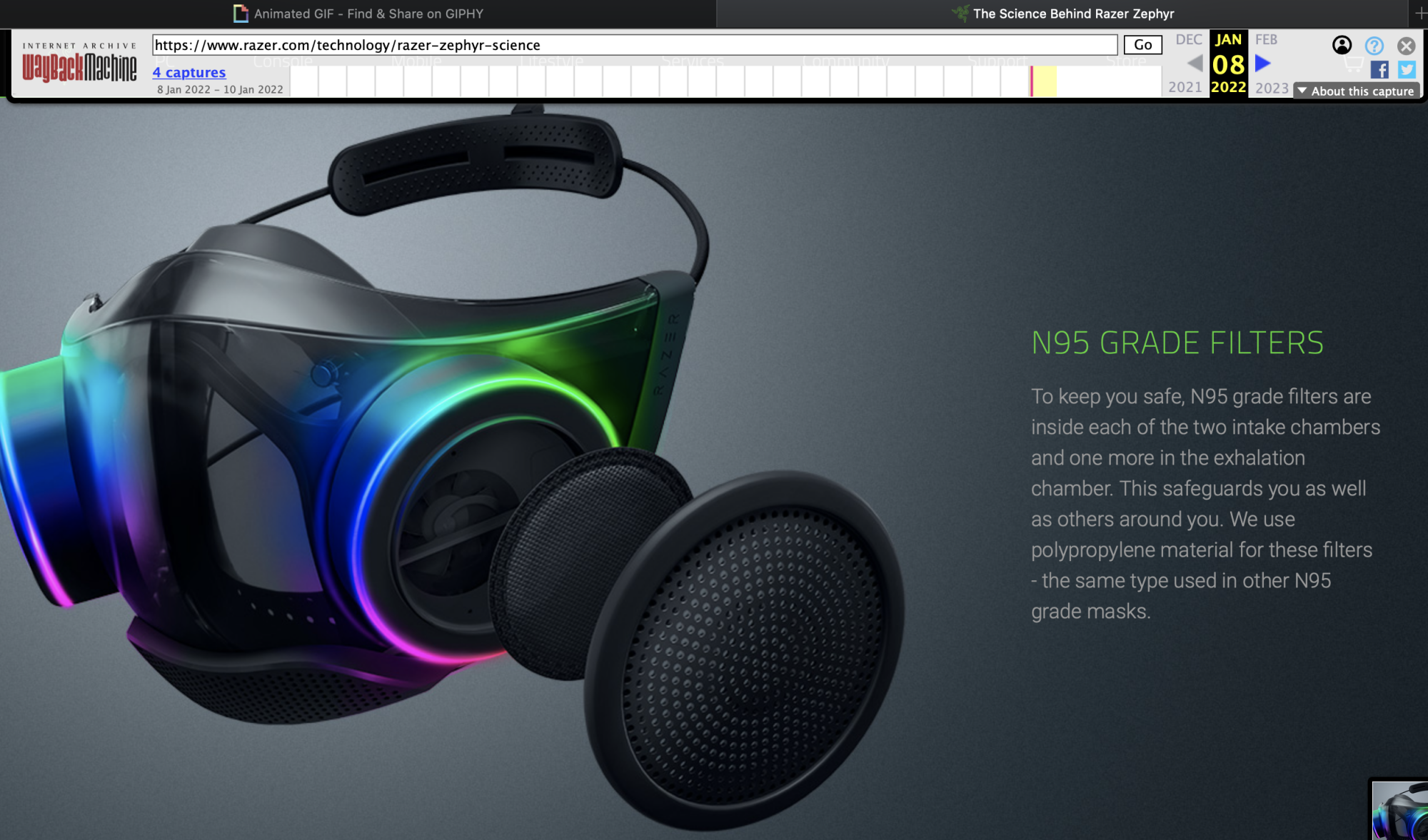 A screenshot of Razer's Zephyr website from the Way Back Machine, depicting an explanation of "N95 grade" protection.