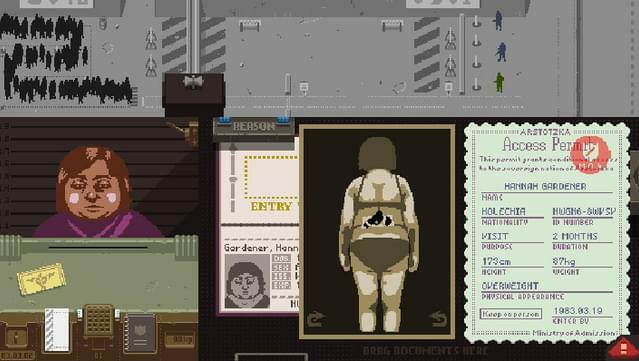 A pixelated immigrant stands before border patrol in the Lucas Pope video game "Papers, Please" 