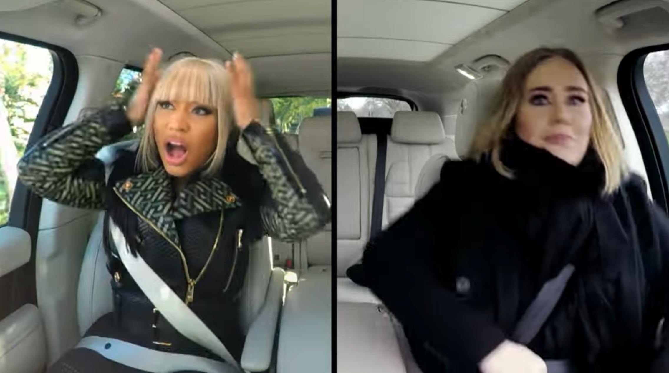 A split-screen view of Nick Minaj and Adele in cars.