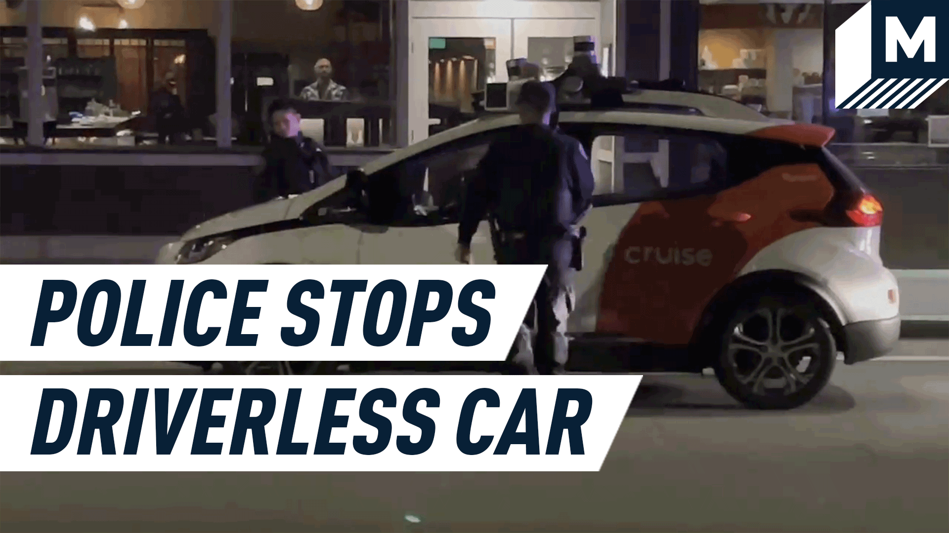 confused police officers attempt to help a driverless car, car drives off, stops, officers follow, try to open, fail. everything caught on camera