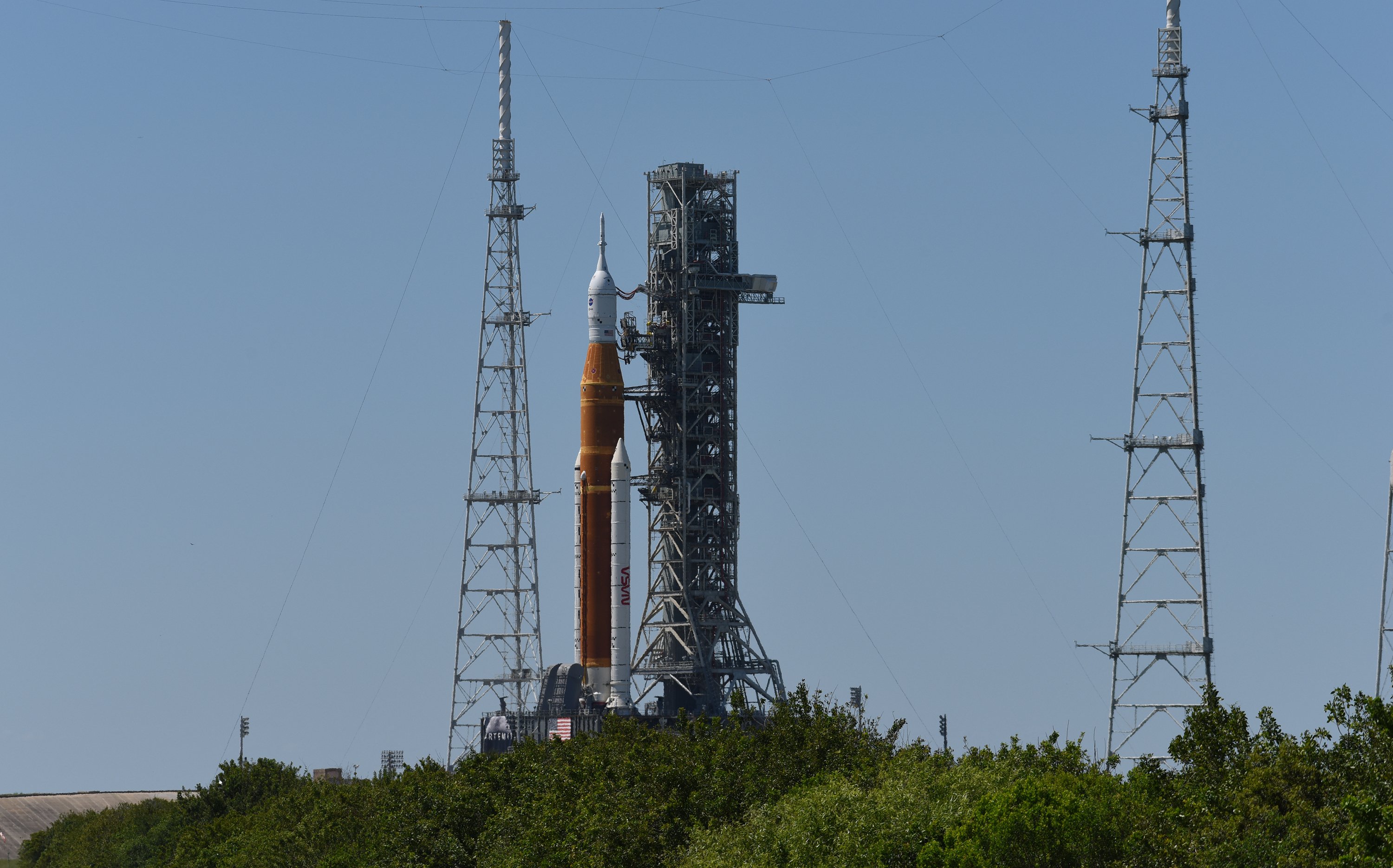 The Artemis 1 Moon rocket with the Orion capsule sits on Launch Pad 39B at the Kennedy Space Center.