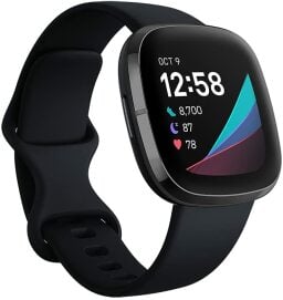 Black fitbit sense with time displayed on home page