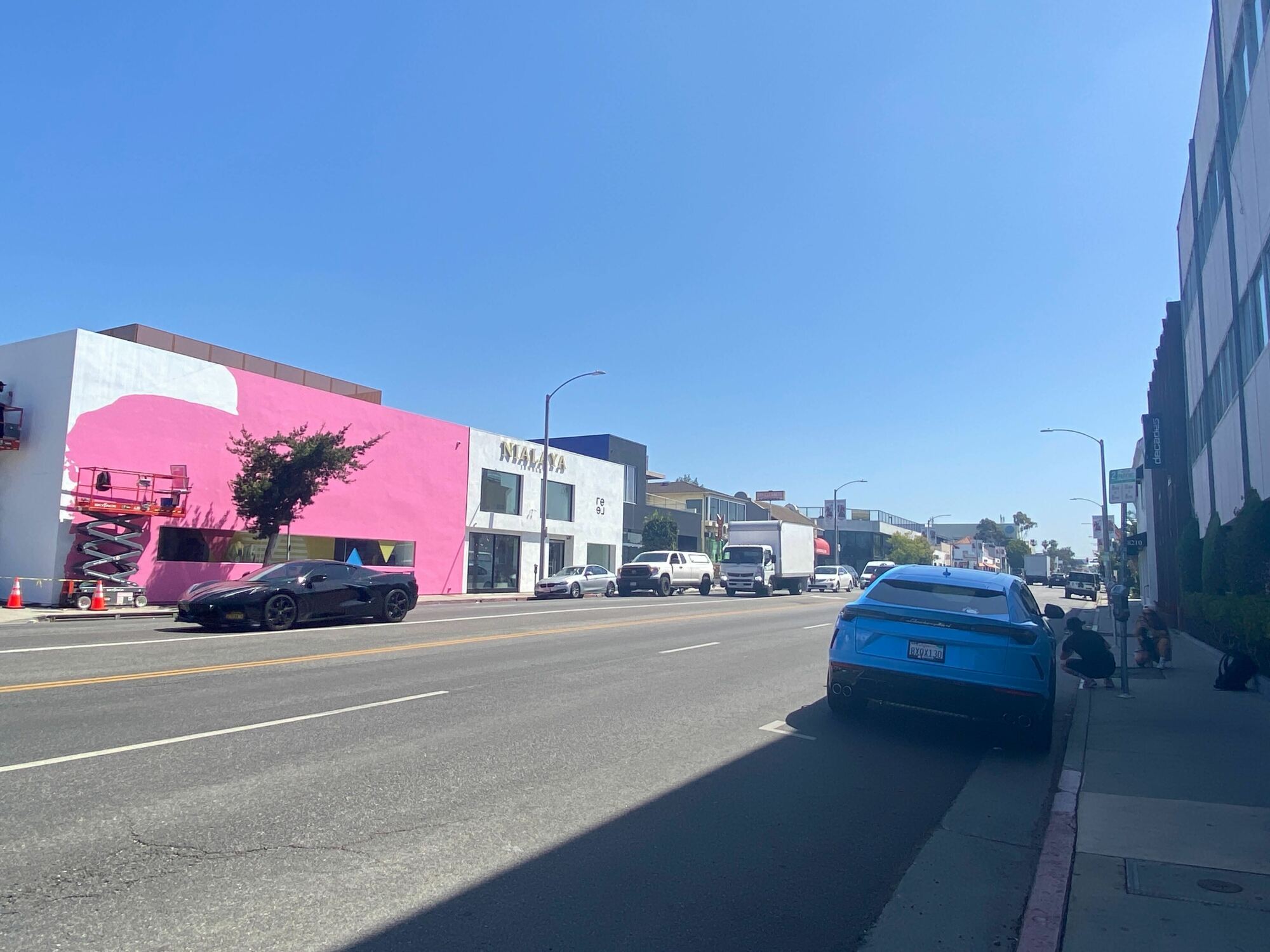 A pink building on the left, and a blue Lamborghini on the right, with people posing in front of the car.