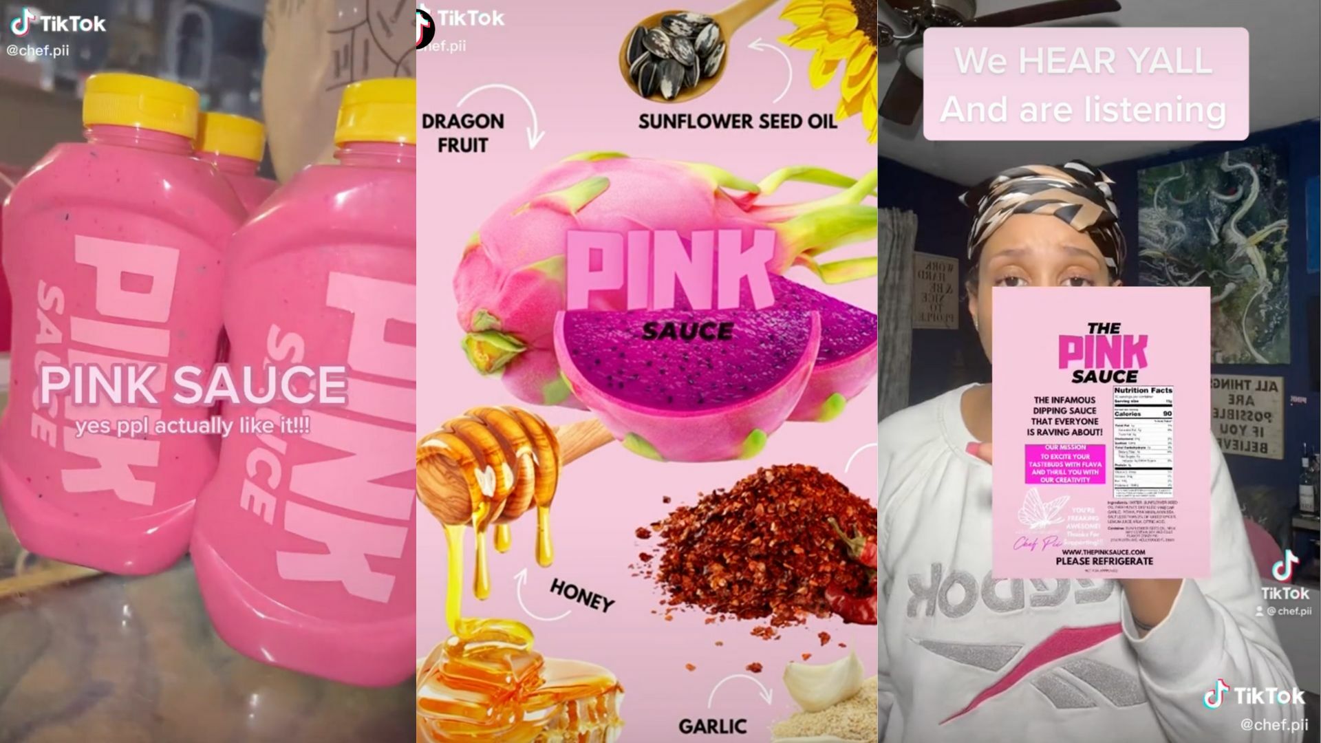 Three screenshots from TikTok, displaying 'pink sauce' botles, ingredients and the creator of the sauce with an pink sauce label in front of her.